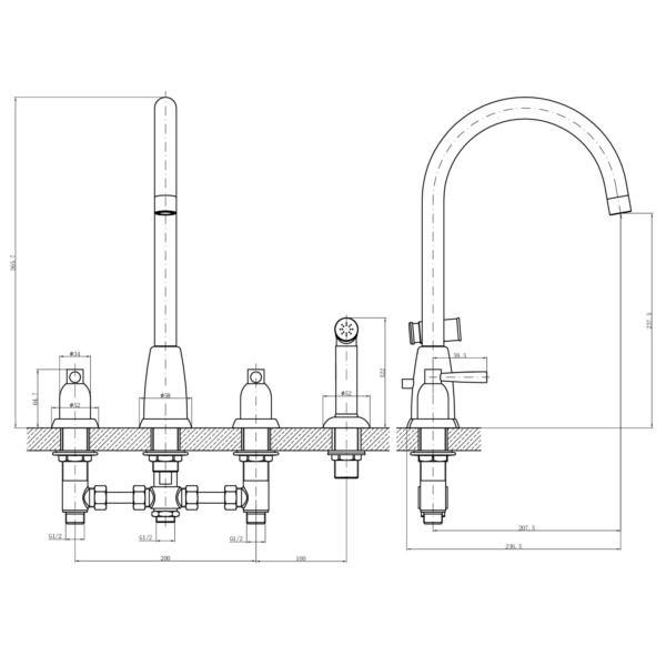 CONTRA Dual Lever 4 TH Traditional Mixer & Spray Rinser - Image 5